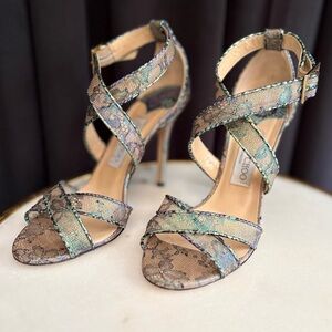 EUC Jimmy Choo Lottie Holographic Iridescent Lace Heels | 38.5 (8.5)